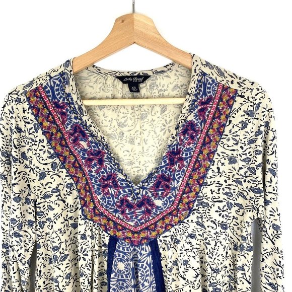 Lucky Brand Top Blue Floral Boho Beaded Embroidered V-Neck 3/4‎ Sleeve Blouse XS - Picture 4 of 10
